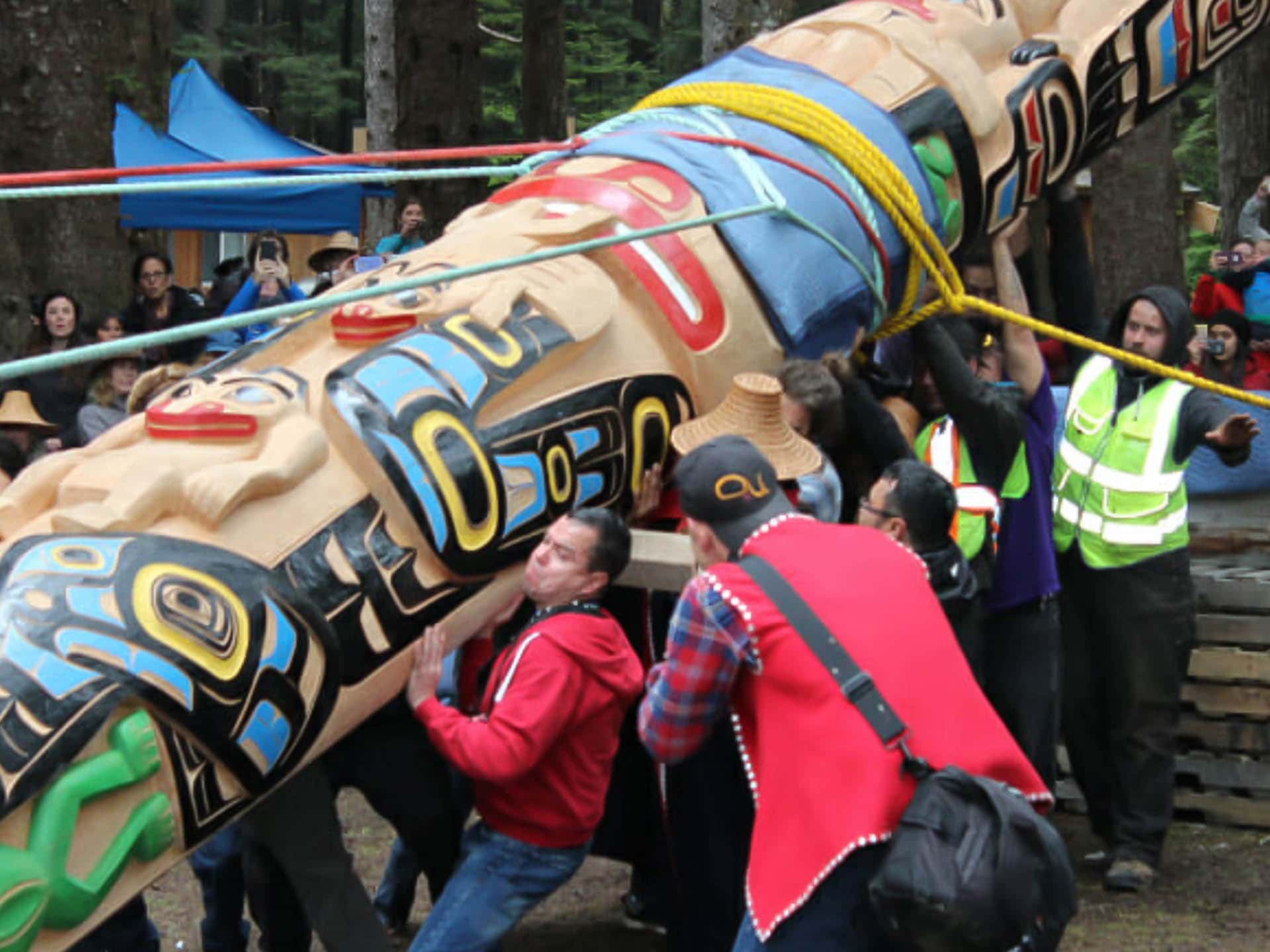 On June 21, 2017, Haida citizens directed the efforts of hundreds of people using five ropes to raise a new totem pole at Hiellen Longhouse Village (Photo: Coast Funds)